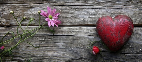 Poster - A flower and heart displayed on a wooden surface with ample copy space image