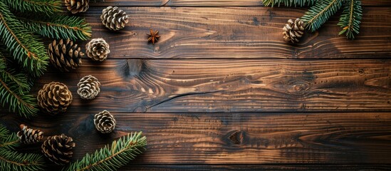 Aufkleber - Top view of a rustic varnished coniferous pine table surface for flat lay photography against a classic brown wooden background with a grunge style providing copy space image