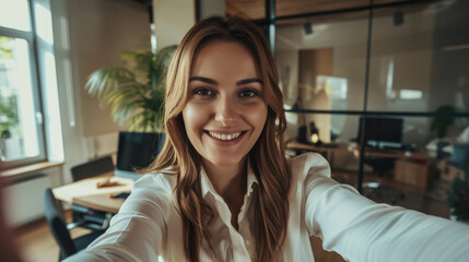 Sticker - A young woman smiles brightly as she takes a selfie in a modern, well-lit office setting.