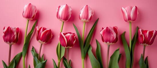 Poster - Pink tulips displayed on a pink paper background with copy space image