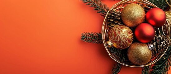 Poster - Flat lay Christmas ornaments on an orange background with space for text The basket holds golden and red balls amidst fir branches. copy space available