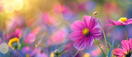 Aufkleber - Softly focused pink cosmos flowers in a garden with yellow pollen providing a close up view for a picture with copy space image available