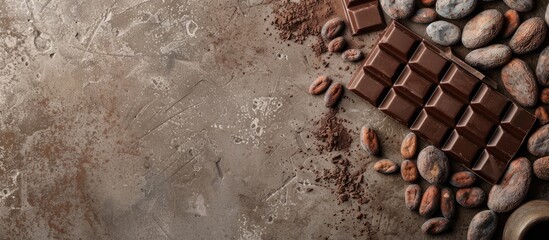 Sticker - Chocolate bar fragments with cocoa beans on a brown concrete backdrop with copy space image