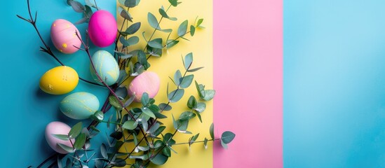 Aufkleber - Easter themed arrangement with colorful eggs and eucalyptus branches on a bright backdrop ideal for copy space image