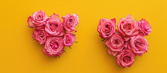 Aufkleber - Heart symbol and pink roses on yellow backdrop create a festive and romantic copy space image for Valentine s Day or wedding greetings