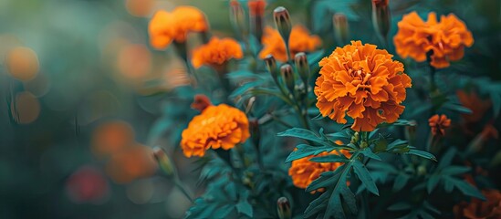 Aufkleber - Marigold flowers blooming beautifully in the garden adding vibrant color to the surrounding with copy space image