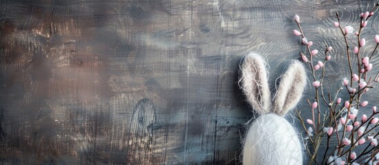 Aufkleber - Copy space image featuring a rustic background with a white egg and bunny ears perfect for Easter celebrations