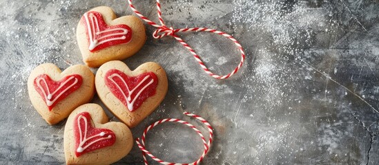 Aufkleber - Heart shaped cookies with red and white twine decorations for the holidays on a background with empty space for writing like a banner. copy space available
