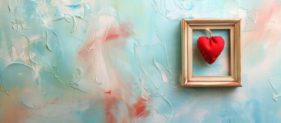Poster - A charming Mother s Day scene featuring a blank wooden frame a red heart text and a cloth mask on a soft pastel paper background with copy space image
