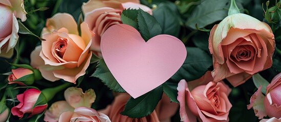 Poster - A pink paper heart is nestled in a bunch of lovely roses creating a charming display that could be used as a copy space image