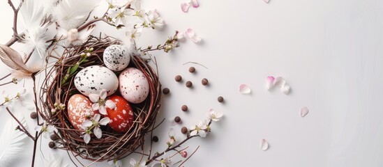 Aufkleber - Easter themed nest with eggs feathers flowers on white background for a joyful Easter celebration seen from above with copy space image