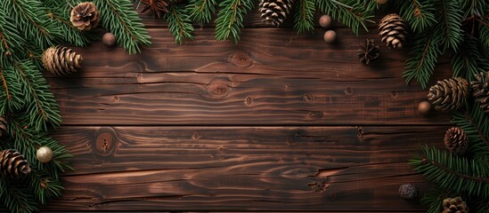 Wall Mural - Christmas winter mockup with evergreen fir branches pinecones and decorations on a wooden background Greetings card template with copy space image for the new year