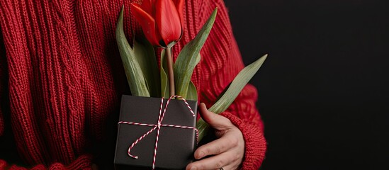 Poster - A stylish man in a red cardigan poses with a gorgeous red tulip and a black gift box in the background celebrating with a woman An ideal copy space image
