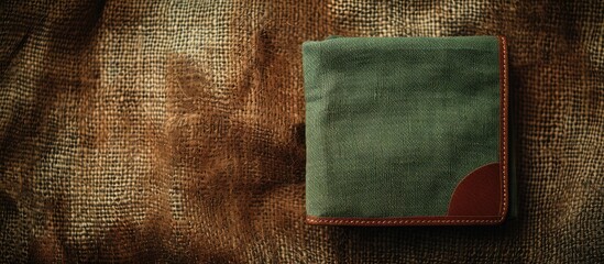 Fototapete - Top view of a green linen fabric wallet with brown real leather on a copy space image