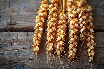 Golden Wheat Ears on Rustic Wooden Surface - Agricultural Harvest and Natural Texture Concept