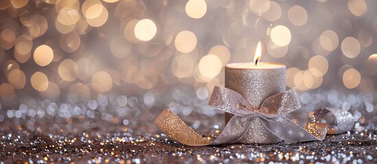 Poster - A silver candle for Christmas and New Year with a curly ribbon bow decoration placed on a glittering bokeh background perfect for adding text in the copy space image