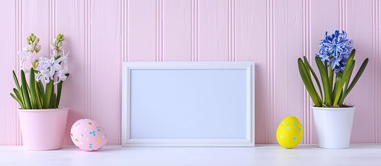 Aufkleber - Easter themed mockup featuring Easter eggs a white board and a hyacinth flower on a pink table against a white wooden background perfect for an Easter holiday vibe Copy space image is available