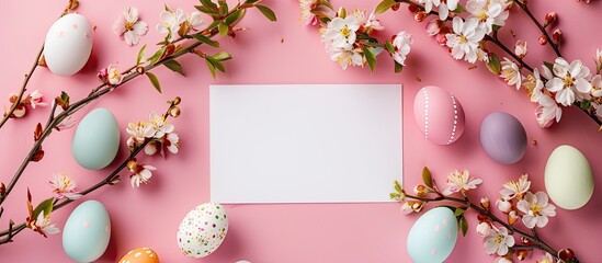 Aufkleber - Easter themed arrangement with a blank card colorful eggs and blooming flowers on a soft pink backdrop featuring a copy space image