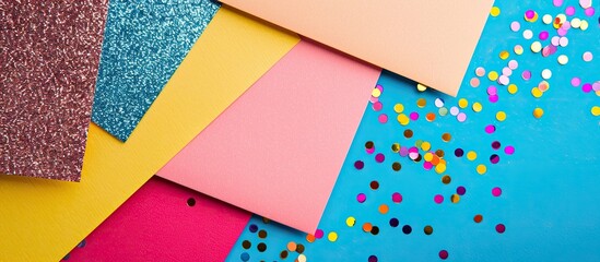 Fototapete - Top view of a minimalistic design with glitter card and copy space image on a colored background ideal for holiday Instagram flatlay