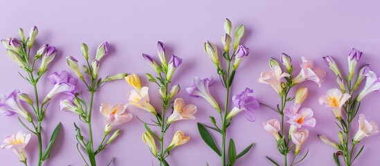 Aufkleber - Purple pastel background with freesia flowers seen from above giving the impression of a vibrant and captivating image with copy space
