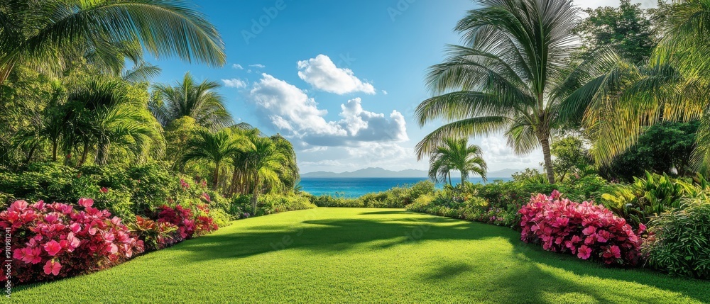 A lush tropical garden with colorful hibiscus flowers and palm trees ...