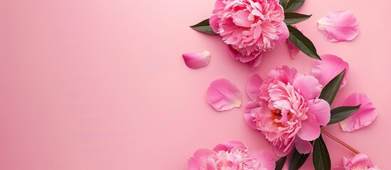 Poster - Top down flat lay view of lovely pink peonies against pink backdrop providing space for text in the image. copy space available