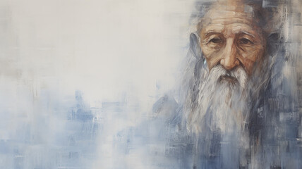 Wall Mural - light background, portrait of an old asian, oriental man with a beard, wise grandfather, art work painting copy space