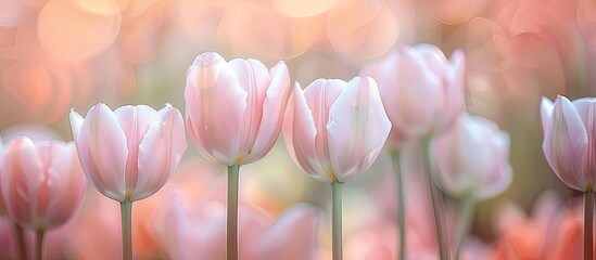 Aufkleber - Spring tulips blooming in a garden with a pastel colored floral card in the background The image carries a soft focus on the flowers with blurry surroundings creating a serene atmosphere