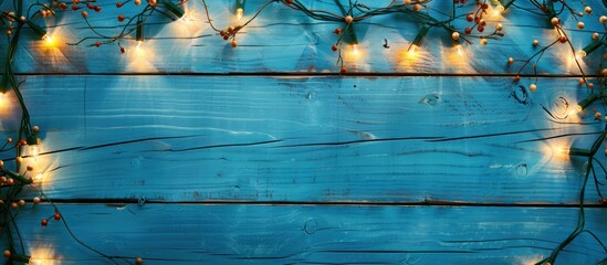 Wall Mural - Top view of Christmas garland lights on a blue wooden background with room for text in a copy space image