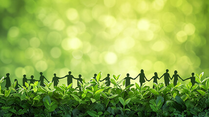 Wall Mural - Silhouettes of people holding hands against a background of green foliage