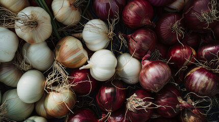 Canvas Print - Colorful onions with rustic roots spread out in a vibrant display, illustrating a rich harvest ready for culinary use.