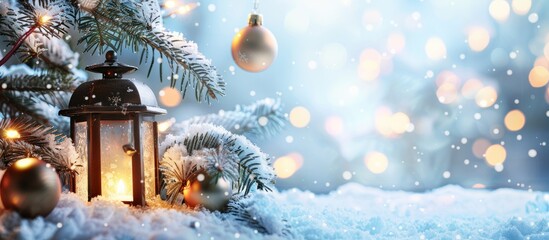 Aufkleber - Snow covered fir tree branches and festive baubles surrounding a radiant Christmas lantern in a winter scene with copy space image