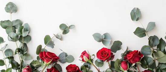 Aufkleber - Valentine s Day concept depicted with roses and eucalyptus on a white background with copy space image