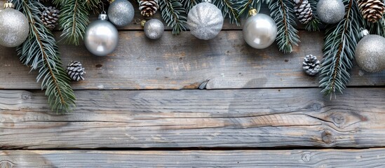 Aufkleber - Natural light wooden plank background adorned with fir and Christmas baubles providing a serene setting for copy space image