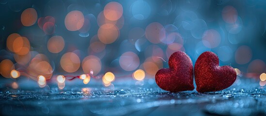 Aufkleber - Valentine s theme with red hearts on a blue background illuminated by lights and bokeh effects creating a festive banner with copy space image for the holidays and love concept