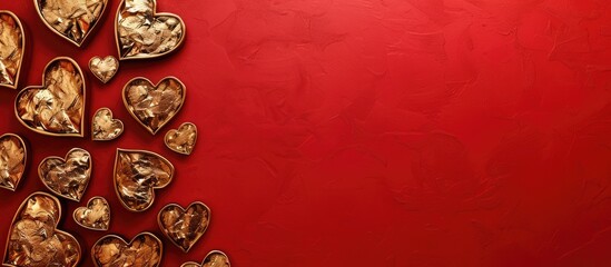 Poster - Valentine s Day concept with heart shaped gold paper cutouts on a vibrant red backdrop perfect for use as a copy space image