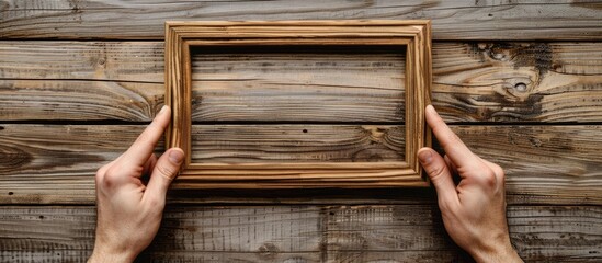 Poster - Detailed view of hands grasping an empty wooden frame displaying copy space image