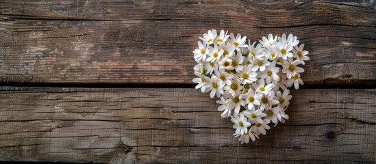 Fototapete - Heart shaped white flowers on wooden surface perfect for design projects with copy space image Top view