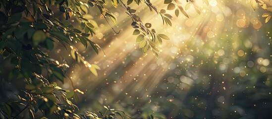 Poster - Filtered sunlight shining through tree branches creates a peaceful ambiance perfect for a copy space image