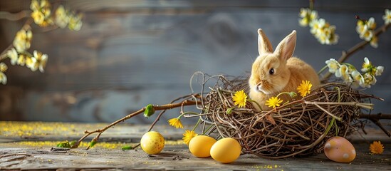 Aufkleber - Holiday card with natural dyed Easter eggs and rabbit decorations on a wooden background alongside a stylish yellow bunny in a nest of spring flowers on a rustic table with copy space image