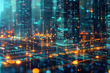 abstract financial landscape soaring skyscrapers made of binary code and currency symbols glowing lines connecting nodes futuristic cityscape