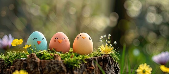 Wall Mural - Easter eggs with adorable faces displayed on a tree stump amid flowers and moss in a copy space image