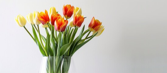 Aufkleber - Vibrant orange and yellow tulips arranged in a see through vase against a white backdrop bathed in soft natural light creating a captivating copy space image