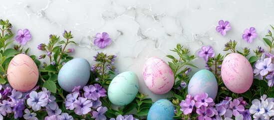Poster - Colorful Easter eggs and phlox flowers on a white background with a copy space image for creating border templates Easter greetings and holiday cards