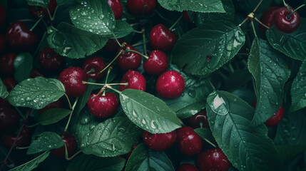 Poster - Fresh, dew-covered cherries nestled among lush green leaves exude natural freshness and a burst of vibrant color.