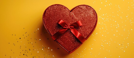 Aufkleber - Heart shaped red gift box adorned with a sparkling ribbon on a yellow backdrop perfect for a copy space image