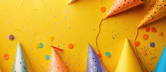 Poster - Top down view of exquisite party hats against a vibrant yellow backdrop with room for text in the copy space image