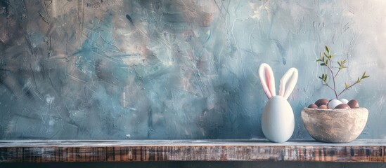 Aufkleber - Copy space image featuring a rustic background with a white egg and bunny ears perfect for Easter celebrations