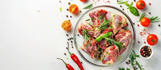 A glass pan containing pork meat seasoned with herbs and spices on white background top view with copy space image