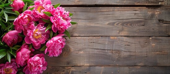 Aufkleber - Pink peonies with plenty of copy space on a rustic wooden backdrop
